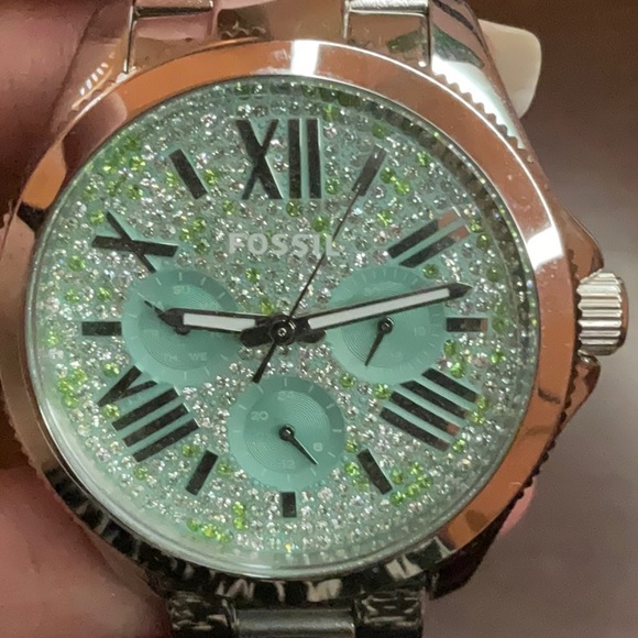 Silver Women’s Fossil Watch with Bling Tiffany Blue and Green Watch Face - Picture 6 of 8